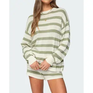 Women Striped Knit Sweater Set 2 Piece Outfit Long Sleeve Sweater and Shorts Matching Lounge Sets