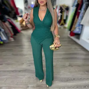 ChicMe Women's Textured 2 Piece Set Green V-Neck Ruched Asymmetrical Top & Wide Leg Trouser Casual Elegant Party Wear