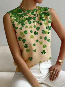 Women's Clover Print Small Collar Sweater, Casual Sleeveless Knitwear for Autumn Winter, Comfortable Versatile Top for All Seasons