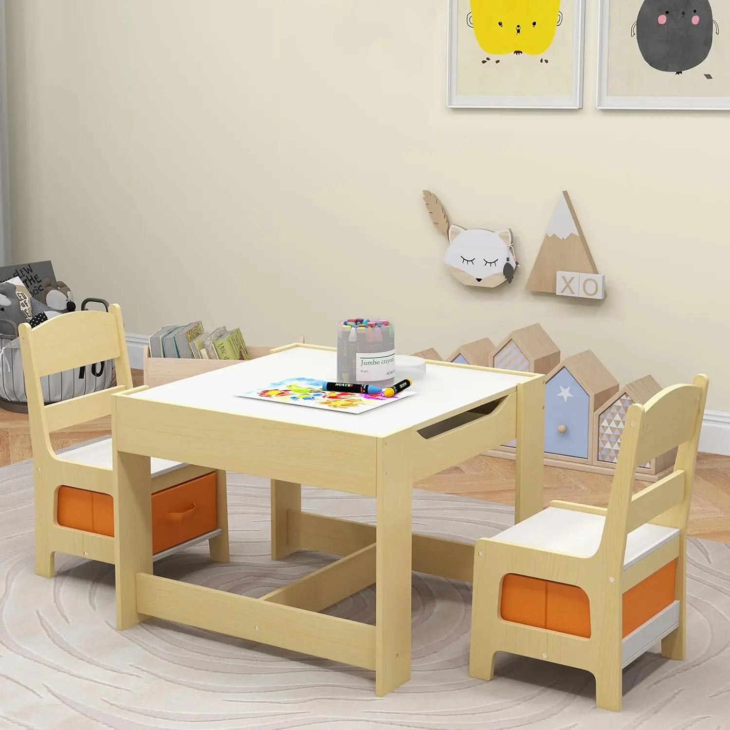 Costzon 3-in-1 Wooden Activity Table and Chair Set with Storage Space, Detachable Tabletop, Kids Furniture for Playroom, Bedroom Study Use, Desk, Gifts for Kids