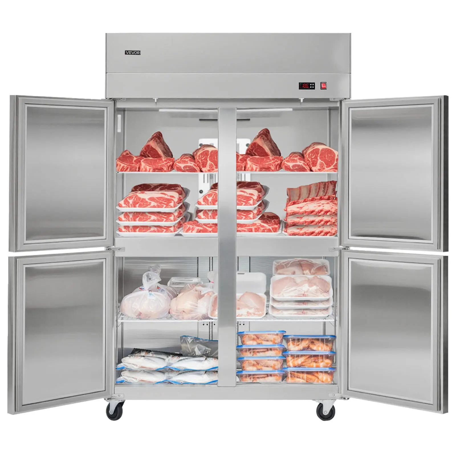 【DealsForYouDays】VEVOR Commercial Freezer, 31.89 in Width Reach In Upright-Freezer Four Door, 31.4 Cu. ft Auto-Defrost Stainless Steel Freezer with 6 Adjustable Shelves, -11 to 14 Temp Control, LED Light, 4 Wheels