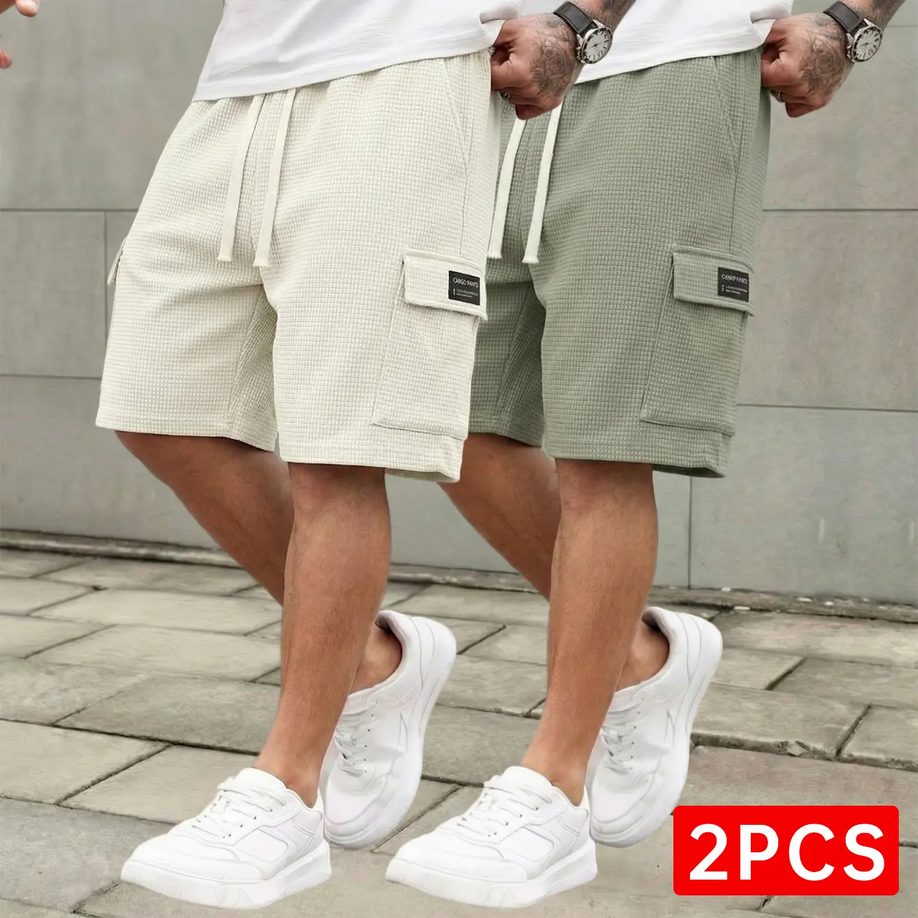 Men’s 3-Pack Waffle Fabric Cargo Shorts, Adjustable Drawstring Waistband, Pocketed Plain Style, Light-Colored Matching Summer Streetwear Menswear Bottoms (White & Multiple Colors), Adjustable Men's Shorts, Cargo Men's Shorts