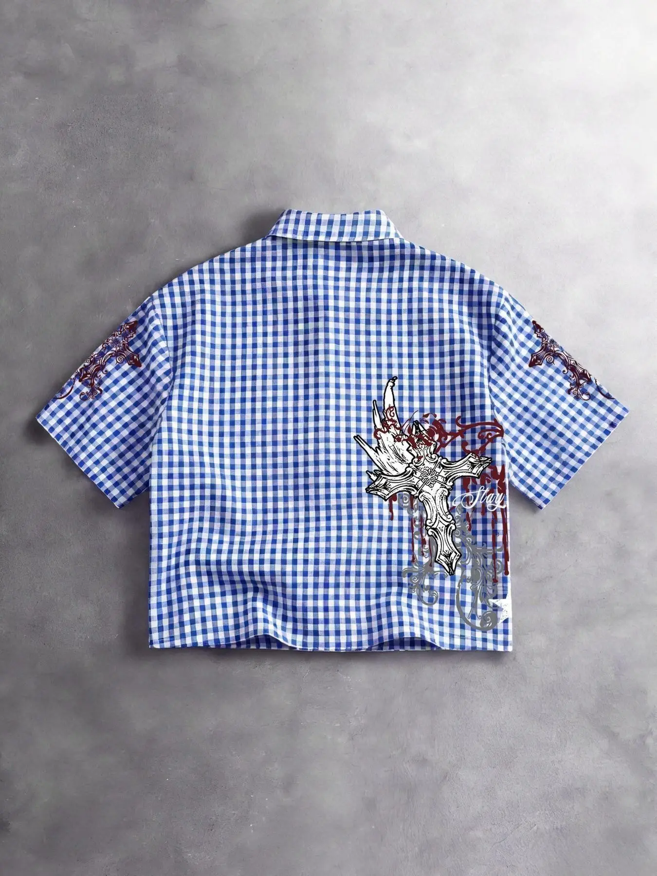 Unisex design. American retro street style, Gothic-inspired cross-stitch print checkered short-sleeved shirt. Y2K Unisex design. American retro street style, Gothic-inspired cross-stitch print checkered short-sleeved shirt. Y2K