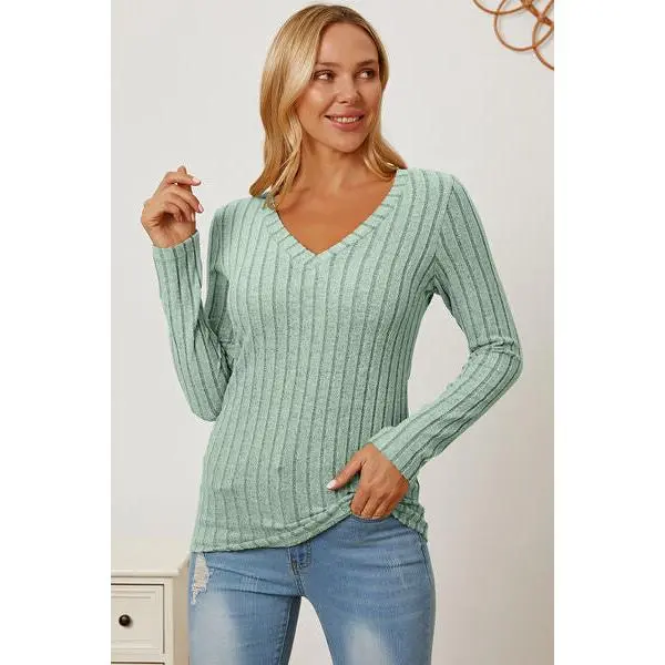 (4 colors) Full Size Ribbed V-Neck Long Sleeve T-Shirt