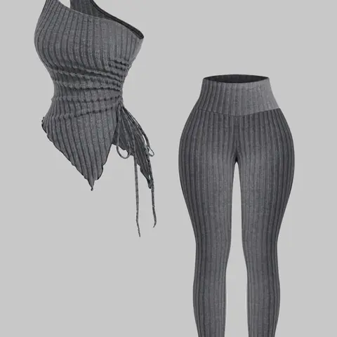 Two-Piece Set Women's Solid Ribbed Crop Tank Top & Skinny Pants, Casual Fashion Cozy for Daily Outdoor Wear, Ladies Clothes for Summer, Suits, Knitted Ribbed Set