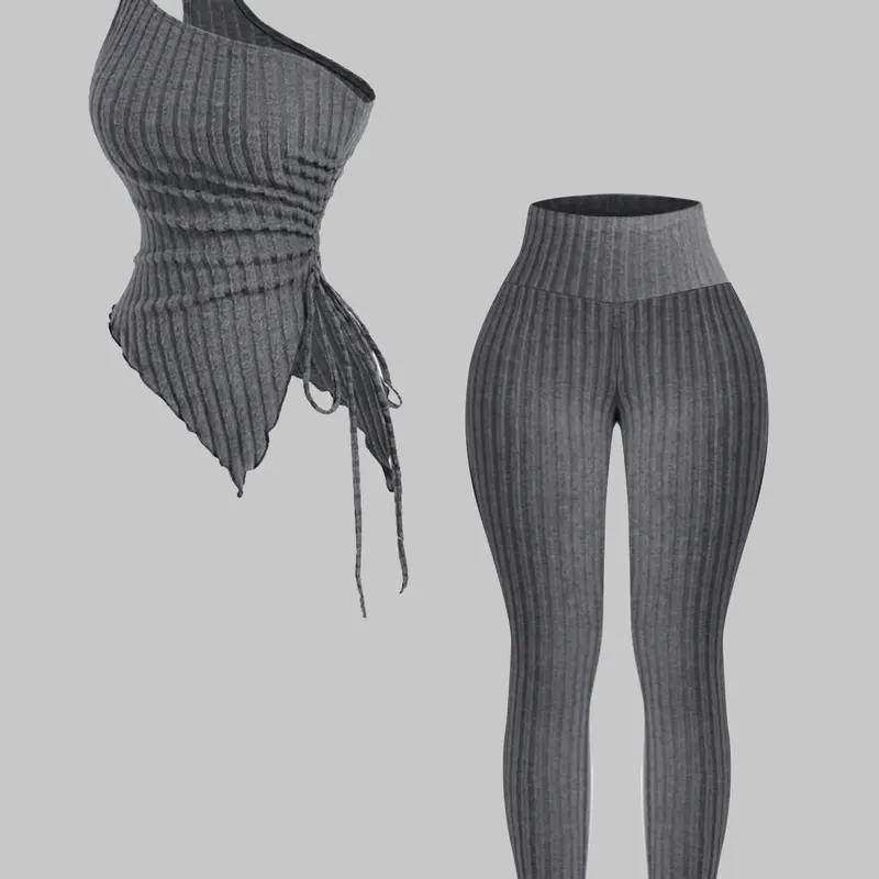 Two-Piece Set Women's Solid Ribbed Crop Tank Top & Skinny Pants, Casual Fashion Cozy for Daily Outdoor Wear, Ladies Clothes for Summer, Suits, Knitted Ribbed Set