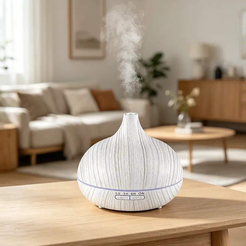 HONSUN 500ml Compact USB White Wood Grain Mist + Aroma Diffuser - Ultra Quiet Auto Shutoff Humidifier with Remote, 7 Color LED Light, Custom Timer, Built-in Cells for Home Users' Bedroom, Office Desk