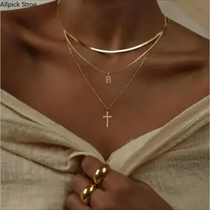 14K Gold Plated Layered Initial Necklace for Women, Dainty Stackable Chain with CZ Cross and Safety Pin Pendant, Trendy Y2K Aesthetic Jewelry for Daily Wear, Parties, Vacation, Streetwear and Birthday Gifts for Her