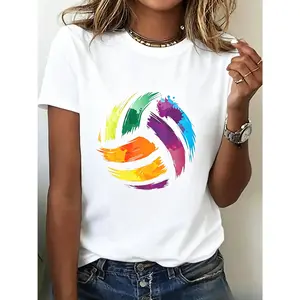 100% cotton women's fashion casual active sports style - Colorful and vibrant volleyball print - Breathable, sweat-absorbing, lightweight, comfortable, soft printed sports T-shirt
