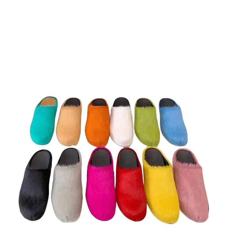Women's Genuine Leather Horsehair Platform Slippers Flipflop