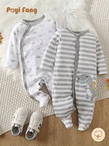 NEWBORN MUST-HAVE! 2-Pack Dinosaur Footie Pajamas | 100% Cotton Warm Cozy Sleepers | Neutral Gray Print + Stripe Design