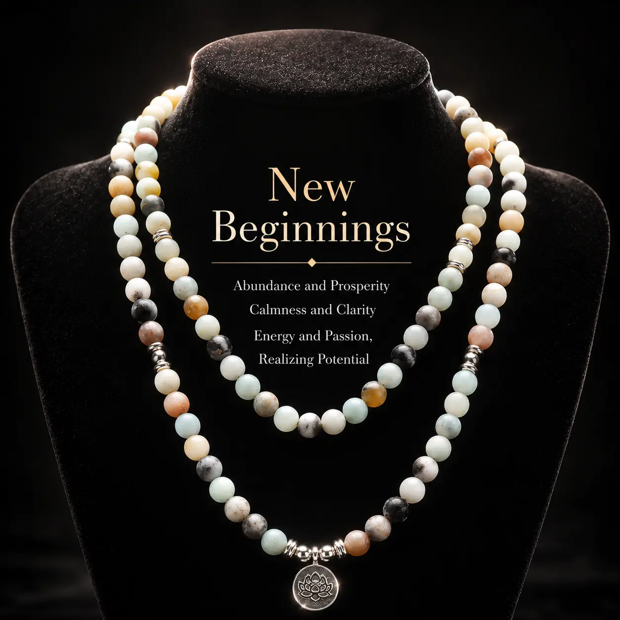 8mm Amazonite 108 Mala Beads Necklace Long Beaded Wrap Bracelets Genuine Gemstone Mala Prayer Beads Lotus Buddha Charm Yoga Meditation Ideal Gift Jewelry for Men and Women, Elegant with Lotus Pendant, Ramadan.Long Chain，Sweater chain，New Beginning summerw