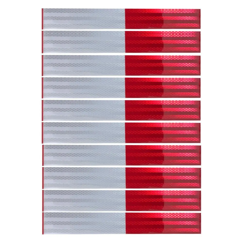 10Pcs Reflective Tape, Waterproof Self Adhesive Trailer Reflector Safety Caution Reflector 1.95”x 11.8'' Red/White Warning Stickers for Trailers, Trucks, Boats, Cars, Road Signs