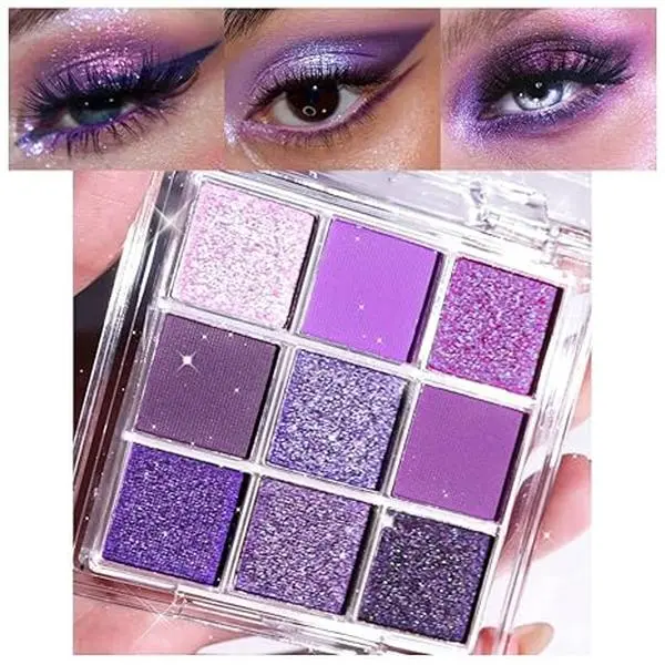 Purple Glitter Eyeshadow Palette, Lavender Violet Purple Pink Glitter Metallic Shimmer Sparkly Eye Shadow Palette Makeup for Women Blue Eyes, Highly Pigmented Waterproof eyeshadow