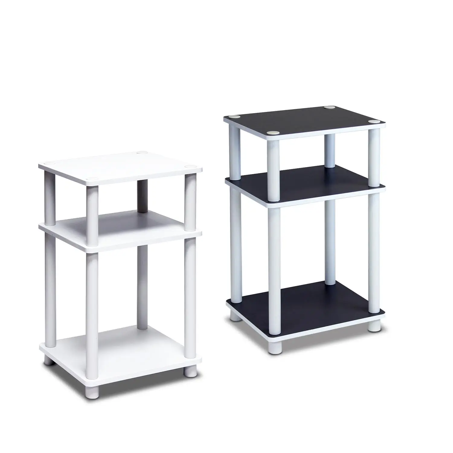 White 2-Piece Espresso-Accent Rectangular Corner End Table Set, Composite Wood with 3-Tier Shelves, Rounded Corners, Plastic Open Storage, 13.4(w)x11.5(d)x22.8(h) inches, 15 lbs each tier, Tool-Free Assembly for Bedrooms, Small Spaces