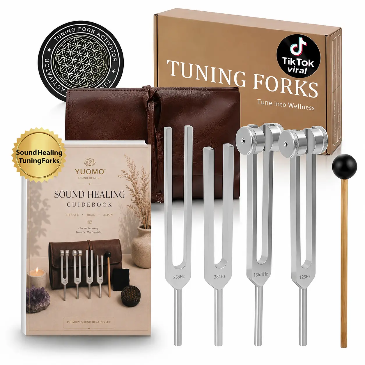Sound Healing Tuning Fork Set 6-Piece with Activator & Leather Pouch – 128Hz / 136.1Hz / 256Hz / 384Hz Percussion Instruments for Chakra Balancing, Stress Relief