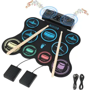 Electric Drum Set, 9 Pads  Drum Set, Roll-up Practice Drum Pad with Headphone, MIDI, Built-in Dual Stereo Speakers Drum Sticks Foot Pedals 10 Hours Playtime (9 pad Dual Stereo Speakers)