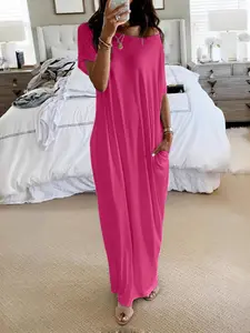 Women's Comfortable Loose-Fit Short Sleeve Nightgown, Casual Loungewear Home Wear for All Seasons, Soft Round Neck Sleepwear with Batwing Sleeves, Sleepwear Homewear Clothes