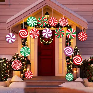 20 PCS Christmas Candy Decorations Outdoor And Indoor Party Peppermint Lollipop Decor Round Outside Yard Lawn Porch Tree Ornaments Hanging Signs Wall Design
