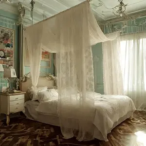 2pcs Elegant White Mesh Bed Canopy with Trim, Four-Post Mosquito Net, Size 28*236inch Set of Two in Fabric, Suitable for Full/Queen Size Beds, Hand Wash Only