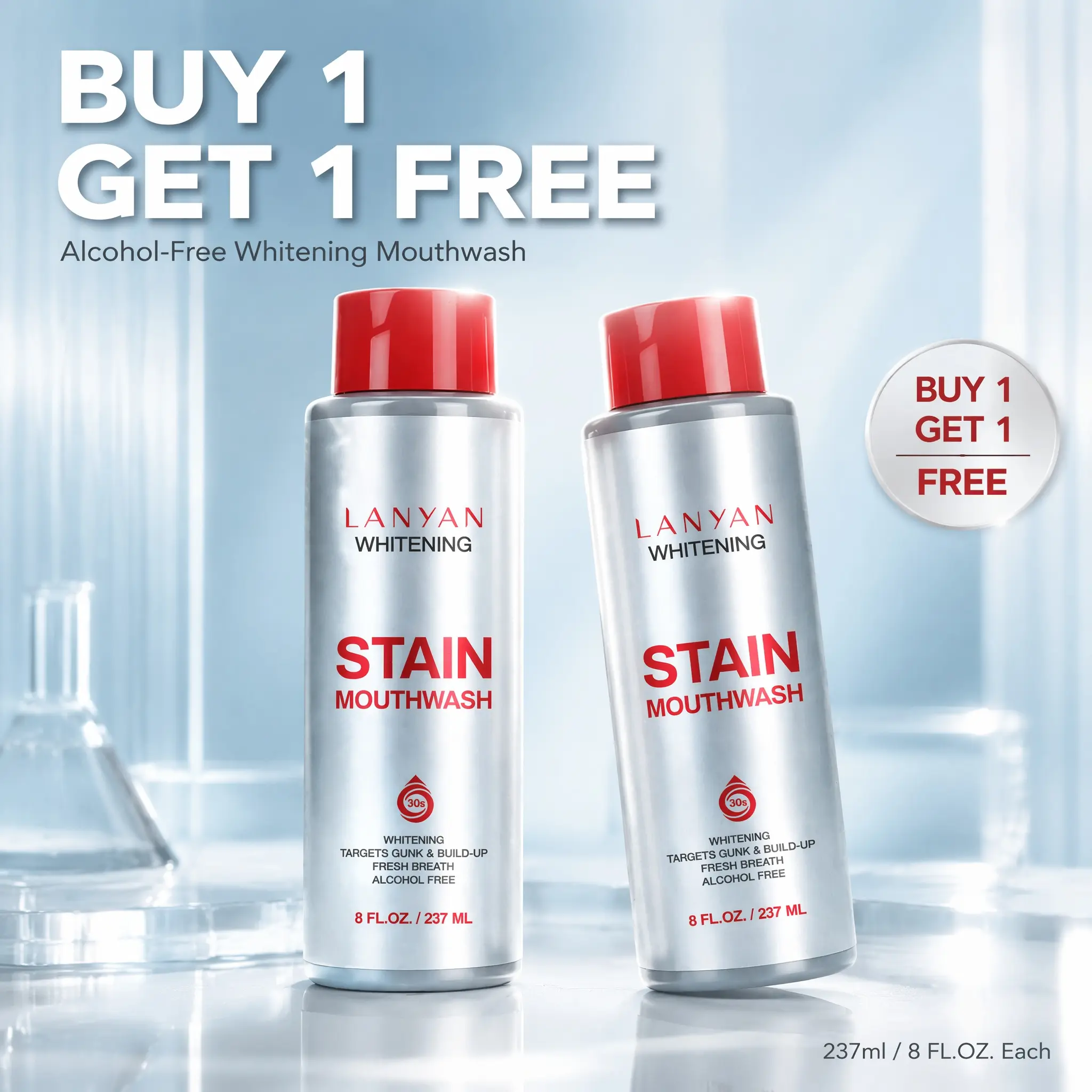 【BUY 1 GET 1 FREE】LANYAN Anti-Stain Whitening Ocean Mint Mouthwash - Alcohol-Free Oral Rinse for Deep Cleaning, Gunk & Build-Up Control, Fresh Breath