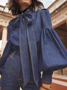 Women's Denim-effect Print Tie Neck Shirt, Chic Casual Long Sleeve Top for Daily Wear, Ladies Clothes for All Seasons