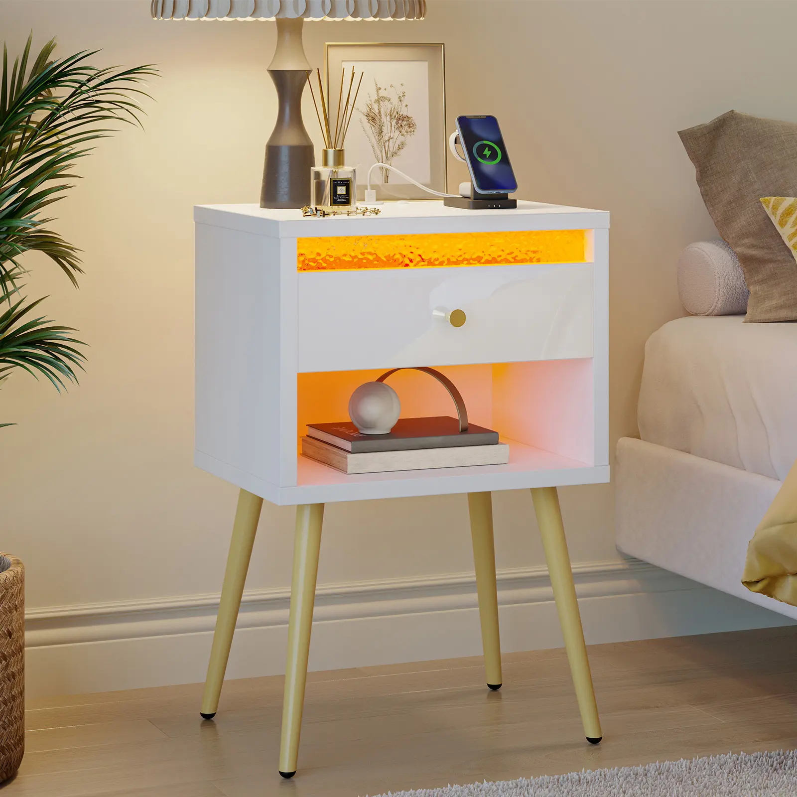 Pinmoco LED Bedside Table with Charging Station - Modern Nightstand with Drawers and Open Storage, Indoor Furniture End Table for Bedroom, Led Bedside Tables