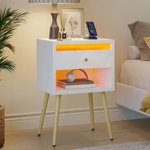 Pinmoco LED Nightstand with Charging Station, Modern End Side Table with Drawer and Open Storage for Bedroom
