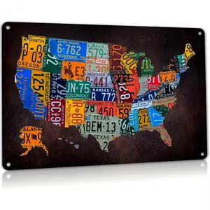 Vintage License Plate Pattern Metal Sign, 8x12 Inch USA Map Route 66 License Plate Metal Sign, Wall Decor for Home Garden Garage Bar, Rustic Farmhouse Design