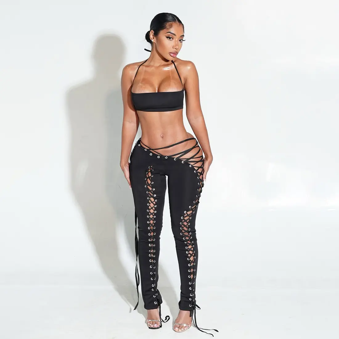 2025 New Women's Fashion Sexy Lace-Up Tank Top Street Style Tie-Up Long Pants Two-Piece Set