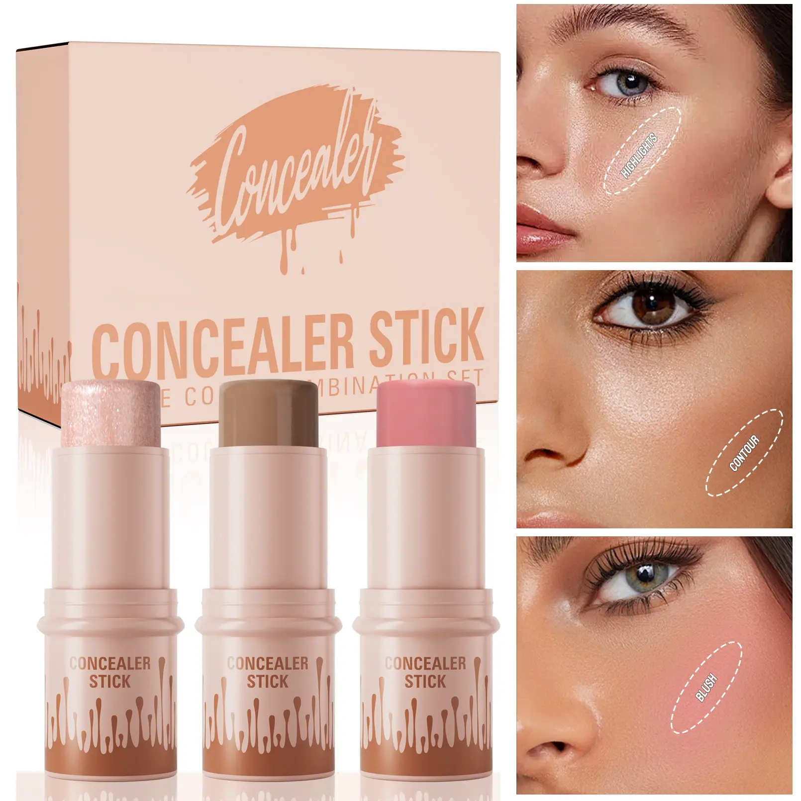 Multi-Use Three-Piece Concealer Kit Makeup Stick Set, Instant Age Rewind Eraser Dark Circles Treatment Longwear Concealer, Long-Lasting Waterproof Formula, Smooth Application, Flawless Natural Look, Daily Use, Lightweight