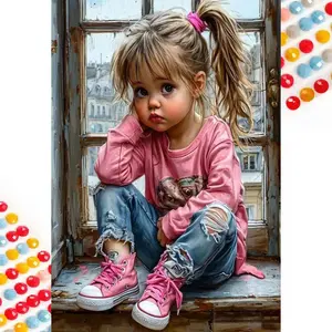 5D DIY Full Drill Round Diamond Painting - Diamond Art Kit, Pink Clothes, Ripped Jeans, Window Background Mosaic, Canvas - DIY Home Decor, Wall Art, Suitable for Halloween and Christmas, Birthday and Anniversary Gifts