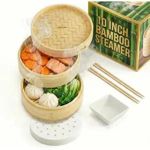 Bamboo Steamer Basket 10-Inch |   2-Tier Steamer for Cooking |   50 Liners, Chopsticks, Sauce Dish |   Steaming Asian Food, Bao Buns, Chinese, Dim Sum, Dumpling, Rice, Vegetable Steam Pot