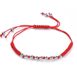 Red String Braided Bracelet with Stainless Steel Balls - Silver and Gunmetal Options