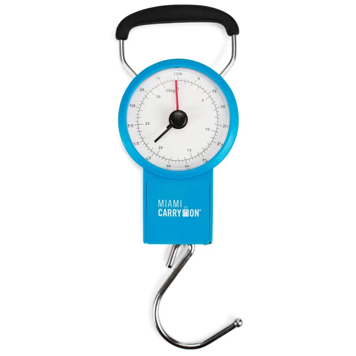 Miami CarryOn Battery-Free Mechanical Luggage Scale (Blue) - 4.55" H x 1.55" W x 3.2" L, Plastic Steel Construction, 75 Lbs Capacity, Built-In Tape Measure, Foldable Grip, Classy Looks, Easy-to-Read Dial, For Hooked Items