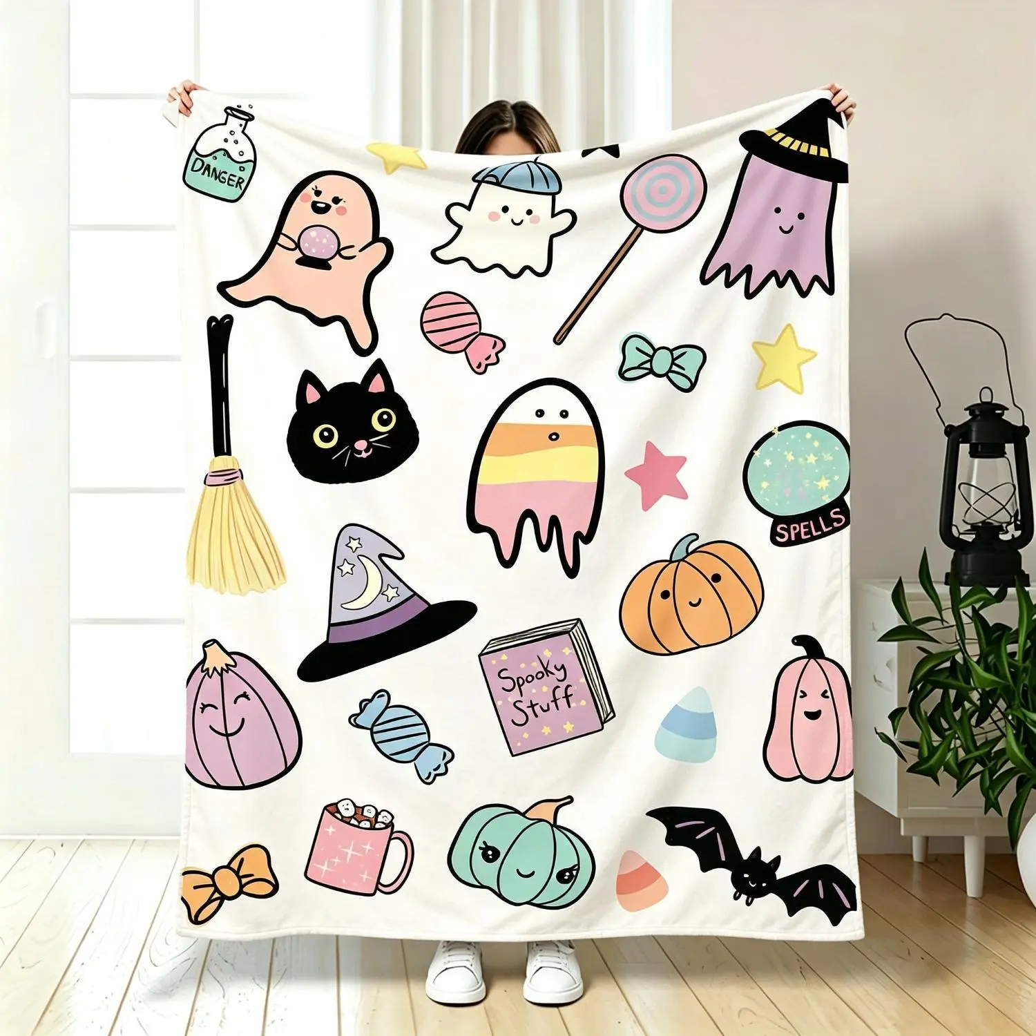 Cute Halloween Ghost Pumpkin Blanket Spooky Soft Flannel Throw Blanket Kawaii Witch Black Cat Decor Blanket Fall Autumn Home Decor Cozy Warm Blanket For Sofa Bed Couch Halloween Gift Girls Kids