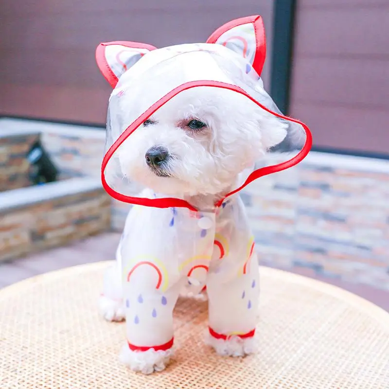 Clear Cute Design Pet Raincoat, Waterproof Pet Hooded Raincoat, 4-leg Hooded Dog Rain Coat Dogs Slicker with Touch Fastener, Dog Apparel