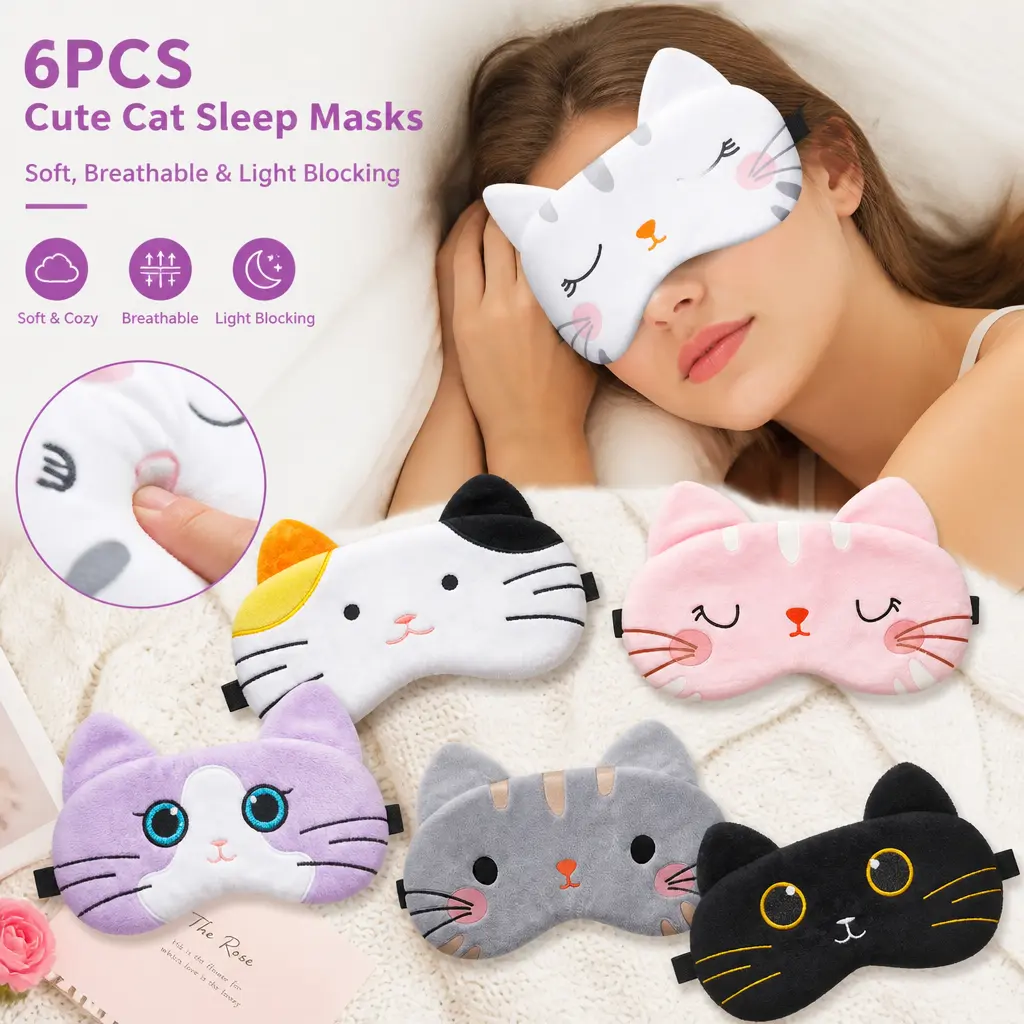 6-Pack Kids' Cute Cat Eye Sleep Mask - Soft Lightweight Light Blocking Sleep Aid Blindfold, Kawaii Cartoon Short Fluff Design, Compact Fold Travel-Ready Pack, Sharing Option, Specialty Kitchen Accessory Supplement