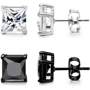 Milacolato Men's Black Silver Stud Earrings, 20G Stainless Steel Hypoallergenic Cubic Zirconia Square Earrings Set (4-8MM)