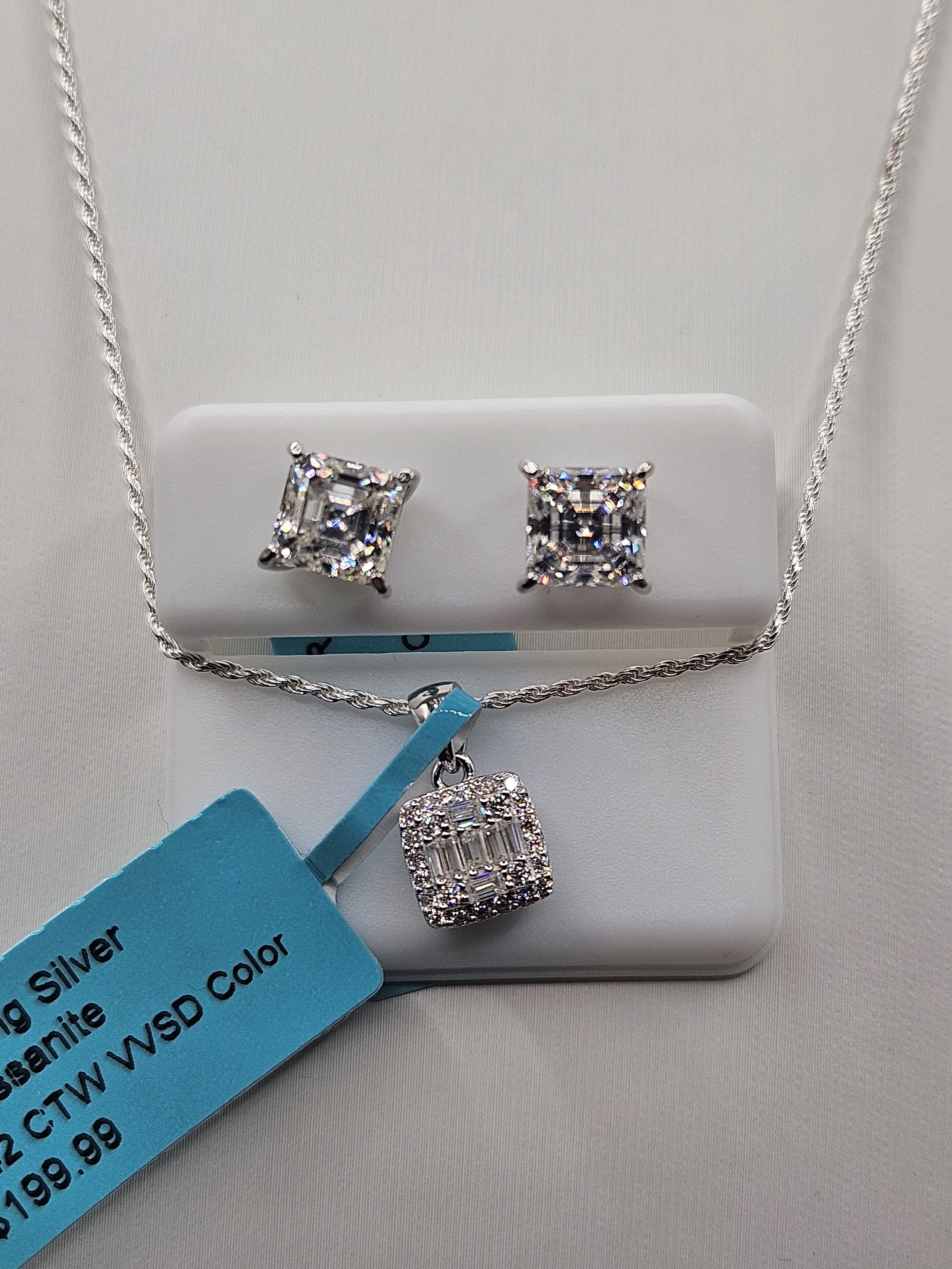 925 Sterling Silver Moissanite 20" Necklace & 4ctw Earrings Set