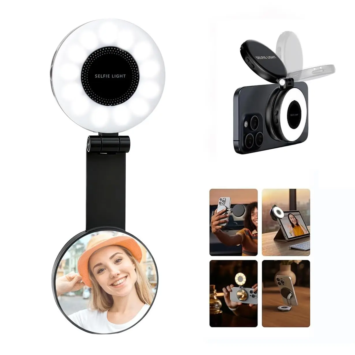 Fill light tripod Selfie Light M-28,3-in-1 Magnetic Mirror Selfie Light,Phone Light Compatible with iPhone Magsafe,Mirror and Phone Stannd Portable Rechargeable Fill Light, 3 Color Temperatures for Makeup, Live Streaming, TikTok,Video Calls, compatible An