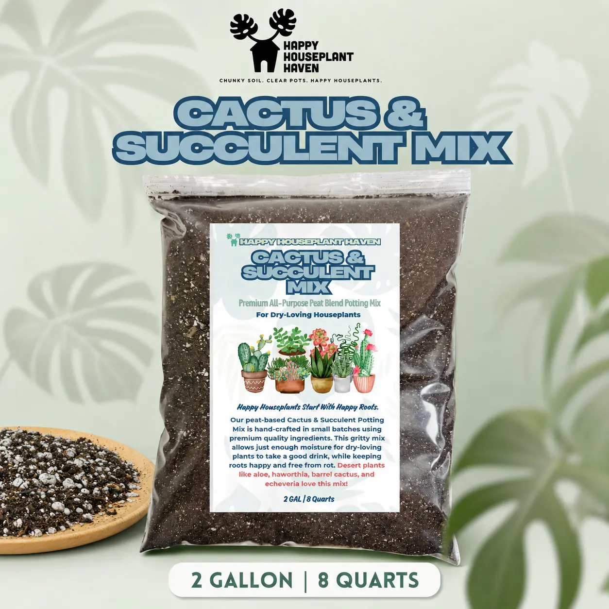 Cactus & Succulent Potting Mix by Happy Houseplant Haven | Fast-Draining Peat-Based Soil for Dry-Loving Plants | Ideal for Echeveria Jade Aloe Cacti