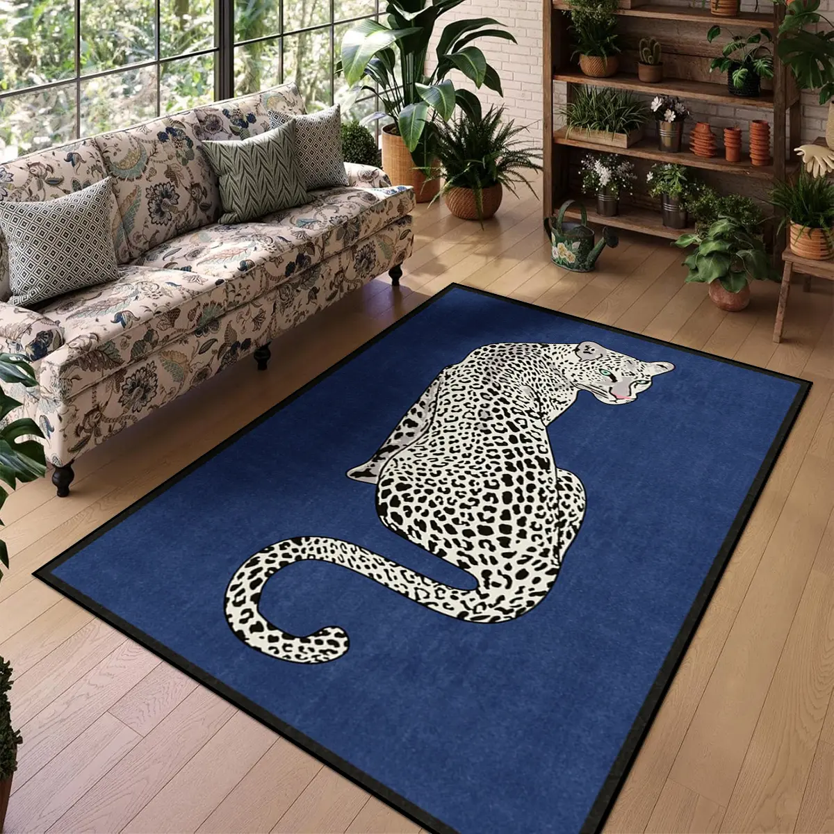 1 living room rug, soft and comfortable home floor mat, blue retro leopard pattern design, Animal print rug, suitable for living room and bedroom, non-slip machine washable floor mat, Christmas gift, Cheetah area rug