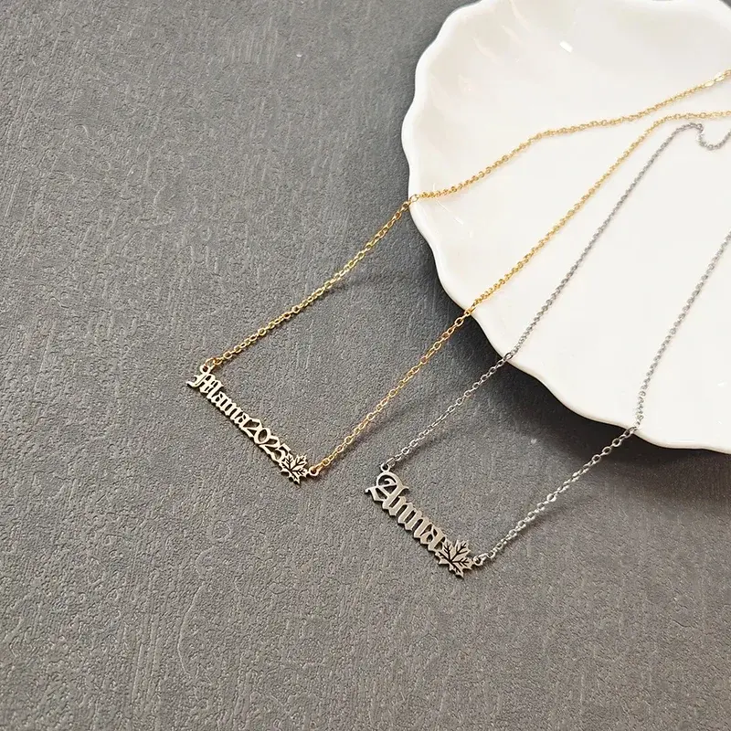 Custom Name Maple Leaf Necklace Pendant Personalized Stainless Steel Old English Clavicle Chain Women Jewelry Birthday Gift