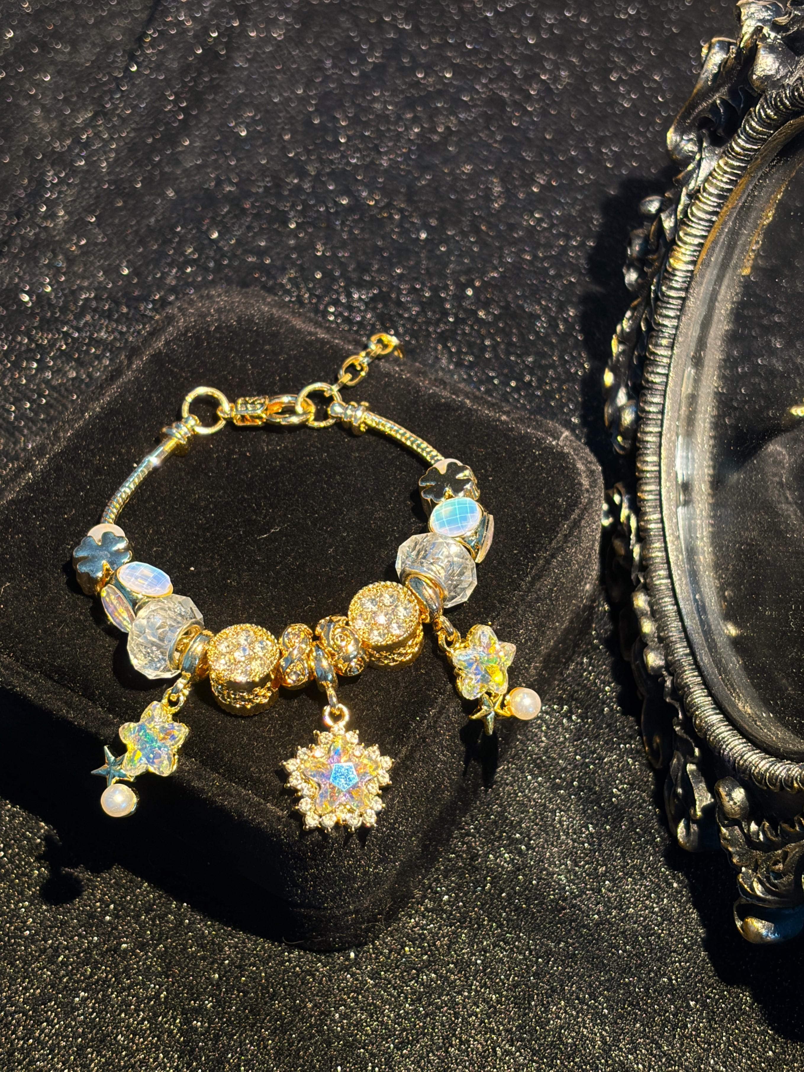 Women's Snowflake Star Charm Bracelet - Gold-Tone Adjustable Extension Chain Bangle with Iridescent Crystal Star Faux Pearl Pendants, Shiny Rhinestone Beads, Dreamy Fairy Theme Jewelry for Teen Girls, Birthday Holiday Gift Women's Snowflake Star Charm Bracelet - Gold-Tone Adjustable Extension Chain Bangle with Iridescent Crystal Star Faux Pearl Pendants, Shiny Rhinestone Beads, Dreamy Fairy Theme Jewelry for Teen Girls, Birthday Holiday Gift