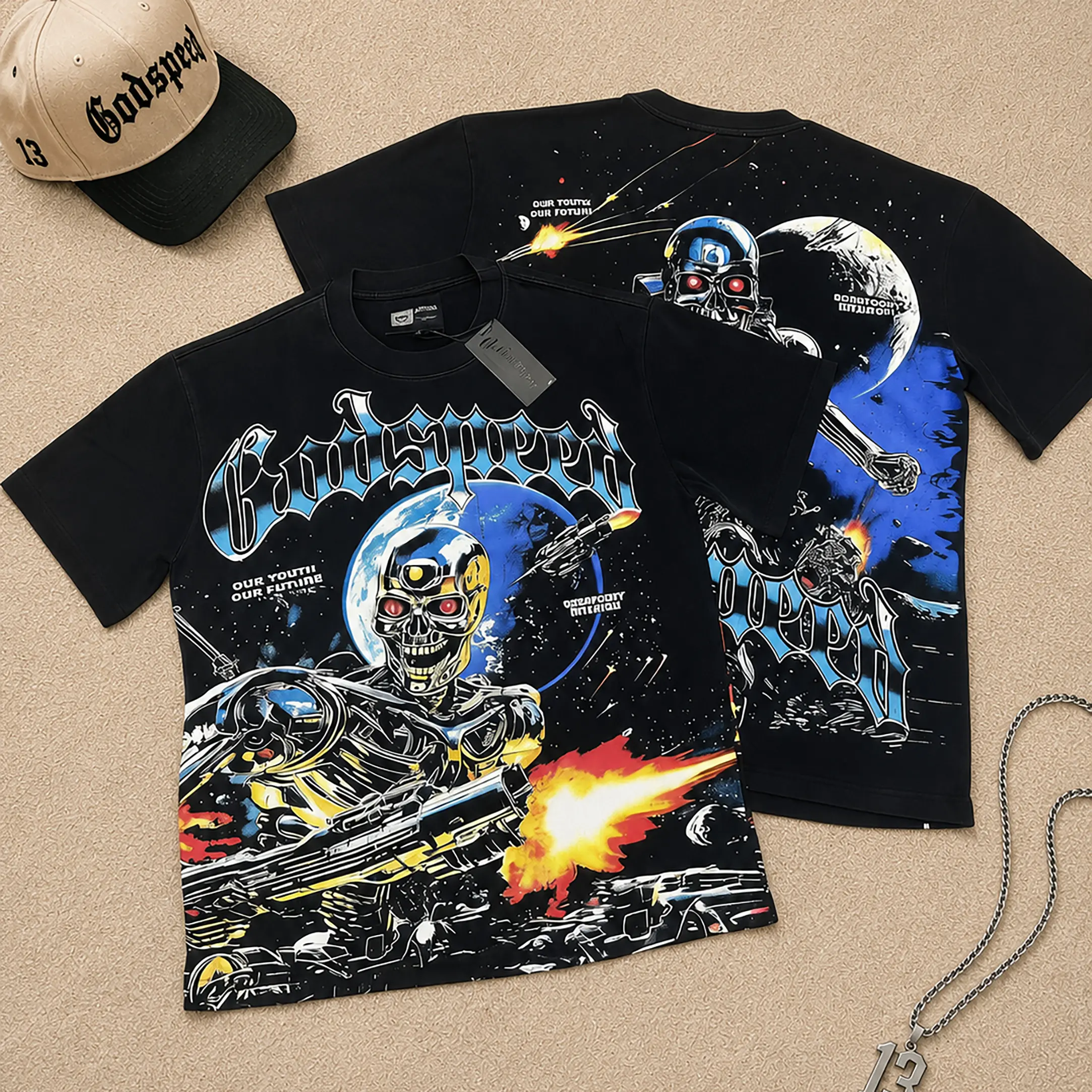 Skeletons Space Godspeed Warrior Shirt Pure Cotton Oversized Vintage Streetwear Hip Hop Summer Outdoor Casual Tee For Men Women Teens