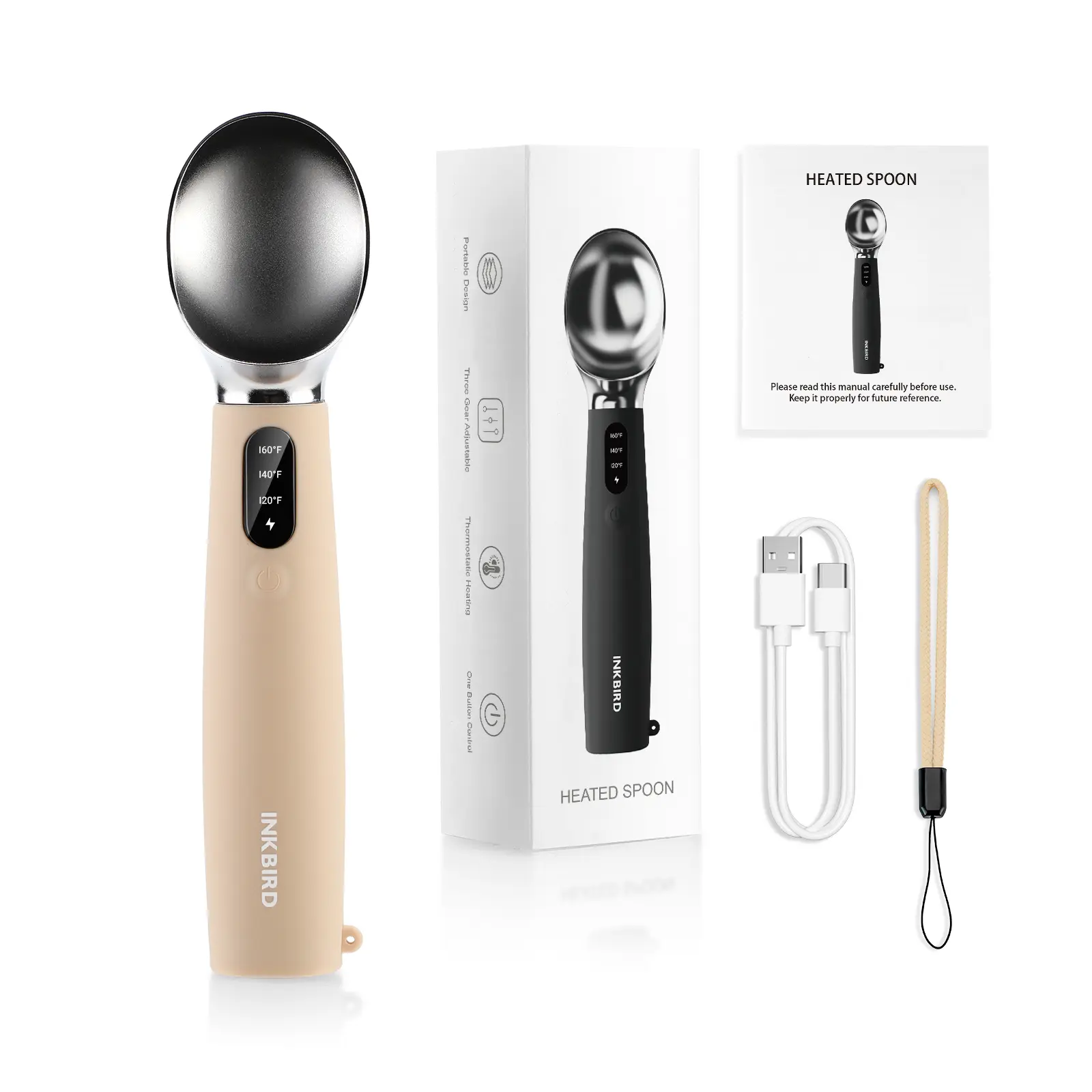 INKBIRD Metal Ergonomic Heated Ice Cream Scoop, Insulated Kitchen Utensil with 3 Adjustable Temp Settings (120/140/160℉), LED Display, 2500mAh Rechargeable Built-in Battery, Spoon for Seniors, Kitchen Gadget