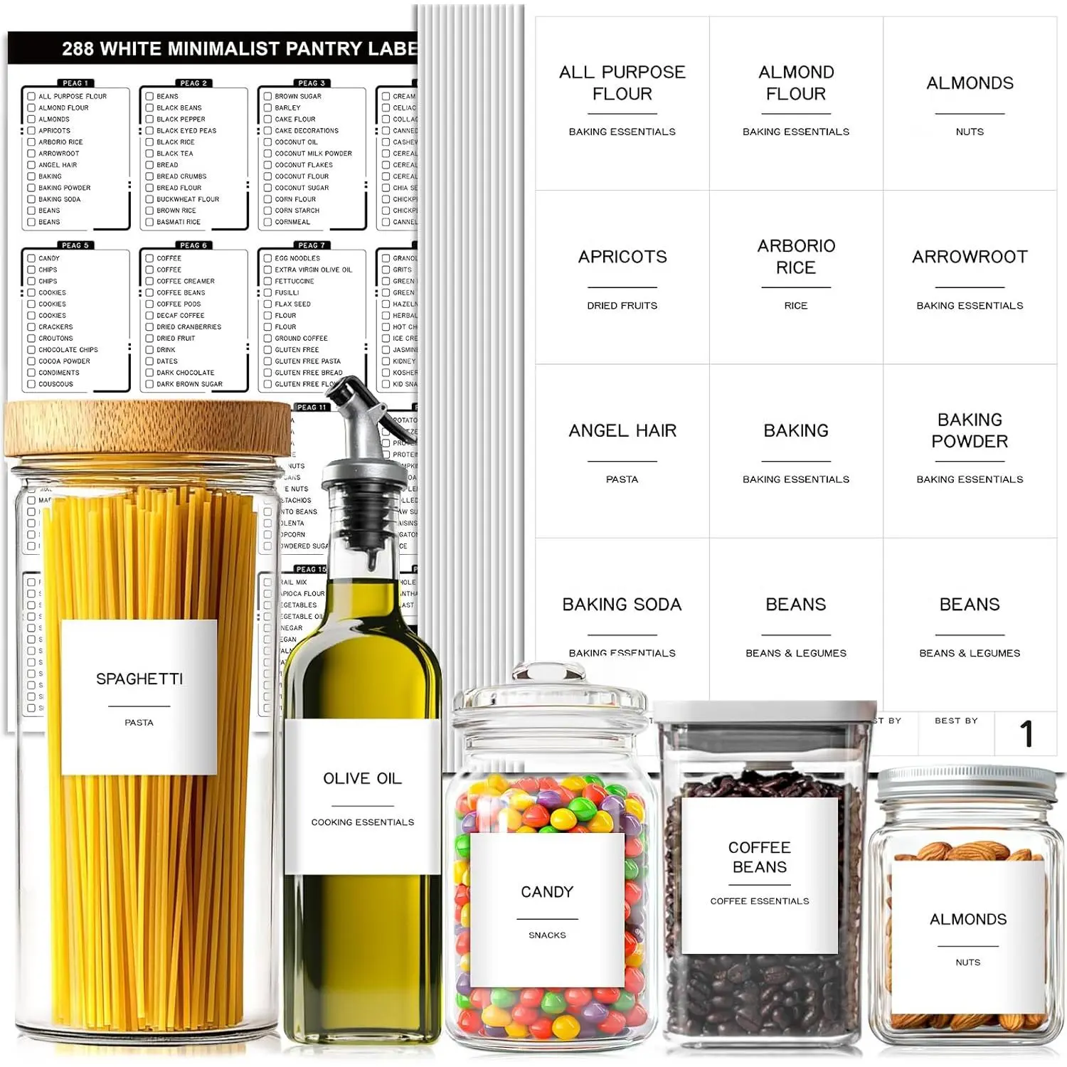 288 Pantry Labels for  Containers, Preprinted Minimalist  Stickers for Organizing Storage Bins, Jars and Kitchen