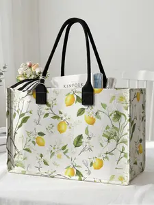1 piece of 2D printed large capacity storage bag with lemon floral pattern, extra large storage bag, sturdy handle, space-saving multi-purpose, suitable for use at school, on business trips, and shopping
