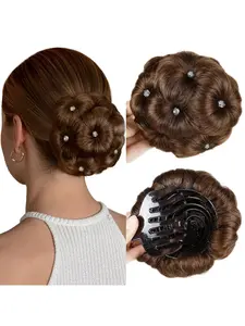Nine Flower Diamond Claw Clip Wig Cap for Women, Bun Style Synthetic Curly Hair Circle Clasp, Short Straight Curl Hair Pack